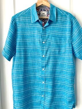 PRIVATE MEMBER Blue Dept Linen Blend Striped Shirt Floral Trim Medium